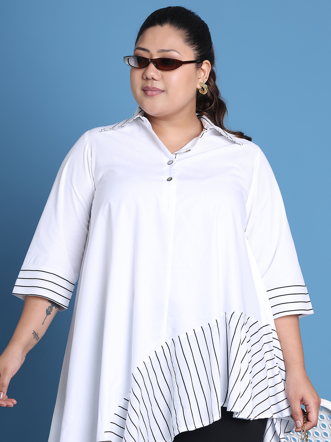 Women's Plus Size White Solid Color and White Stripe printed detail woven longline top