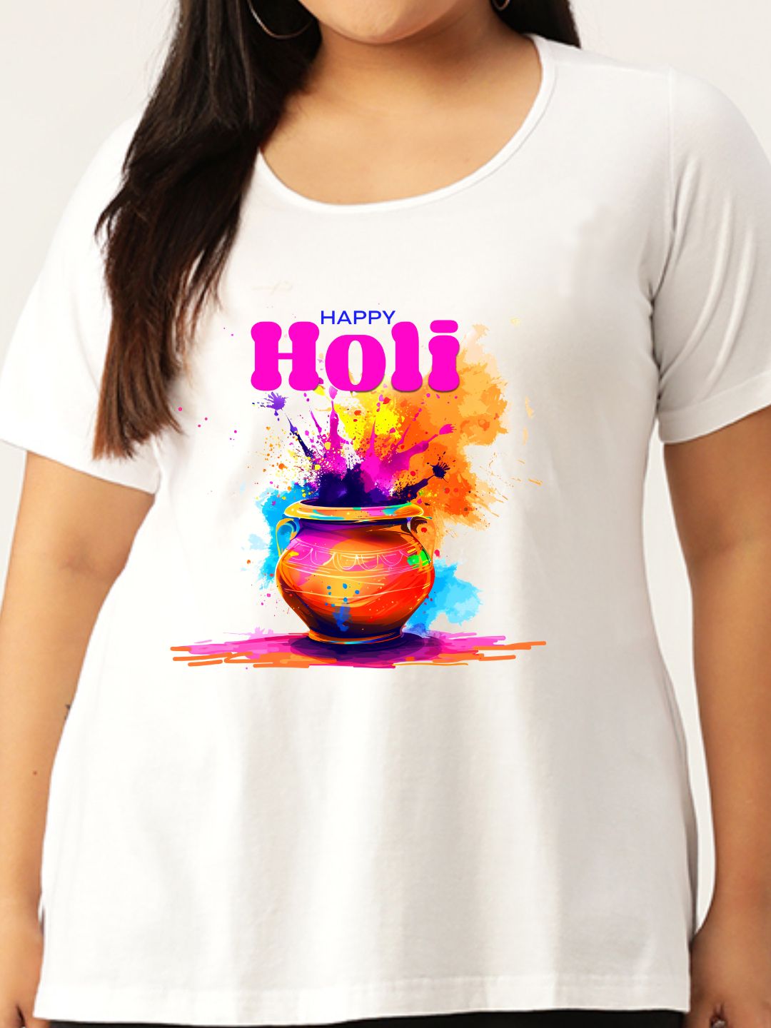 Women's Plus Size White Solid Color Printed Cotton T-shirt