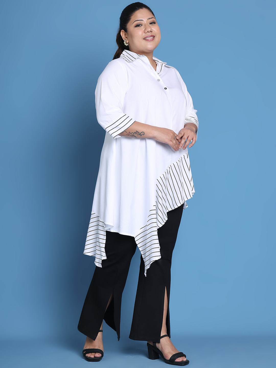 Women's Plus Size White Solid Color and White Stripe printed detail woven longline top