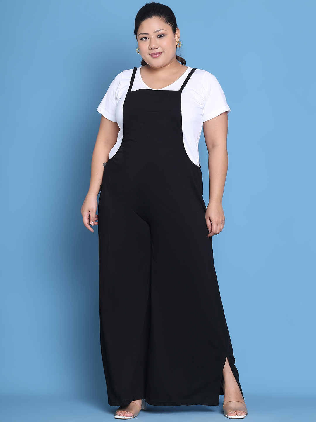 Women's Plus Size Black solid color cotton knitted dungaree type jumpsuits