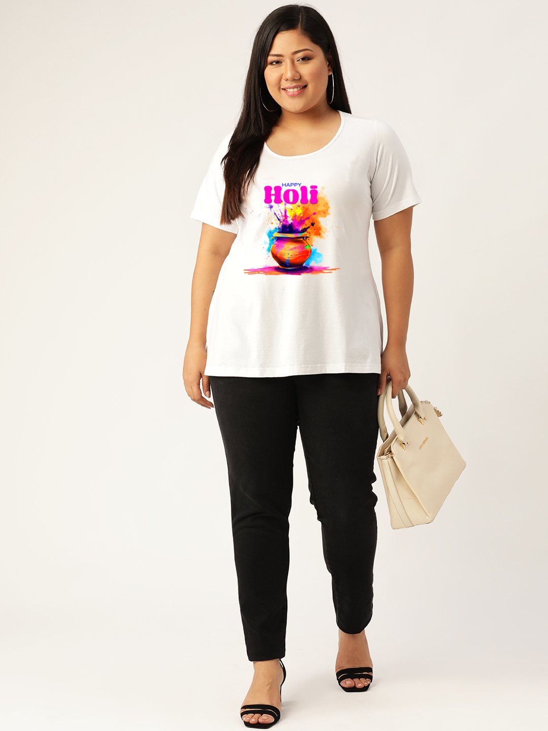 Women's Plus Size White Solid Color Printed Cotton T-shirt