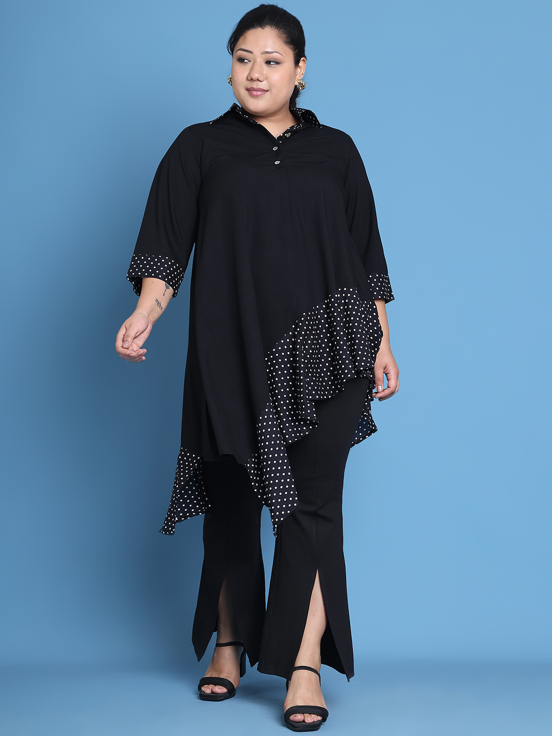 Women's Plus Size Black Solid Color and Black Polka Dot printed detail woven longline top