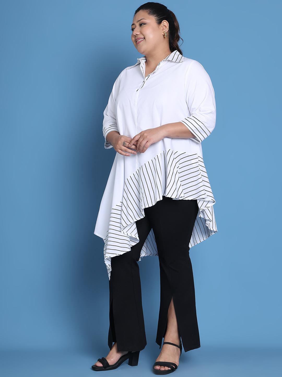 Women's Plus Size White Solid Color and White Stripe printed detail woven longline top