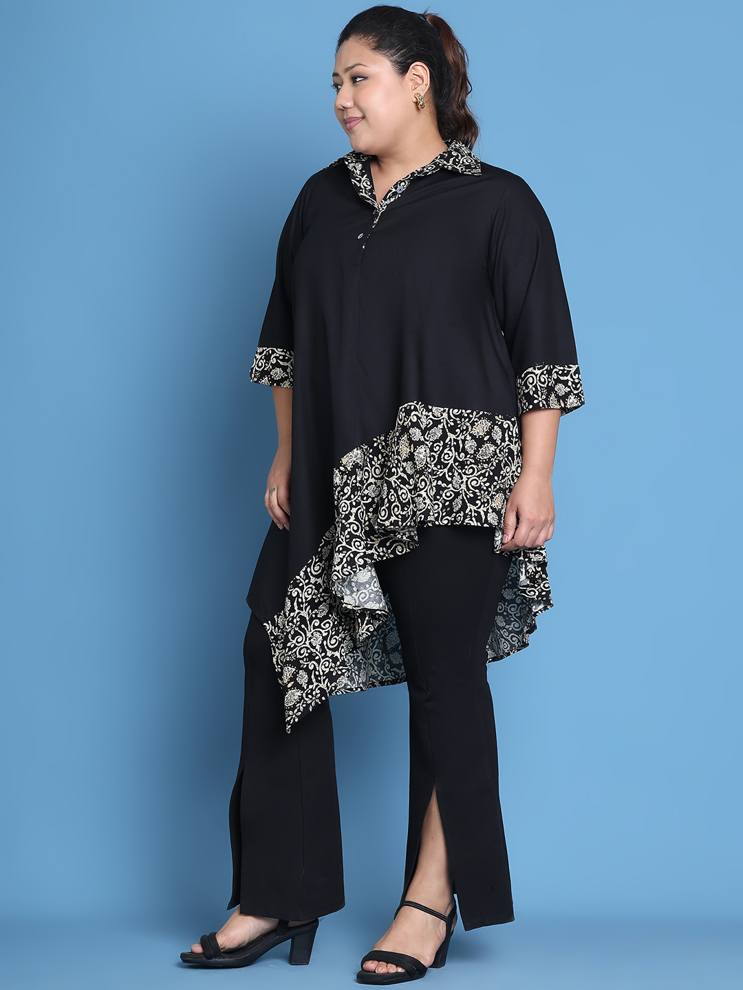 Women's Plus Size Black Solid Color and Black Batik Floral printed detail woven longline top