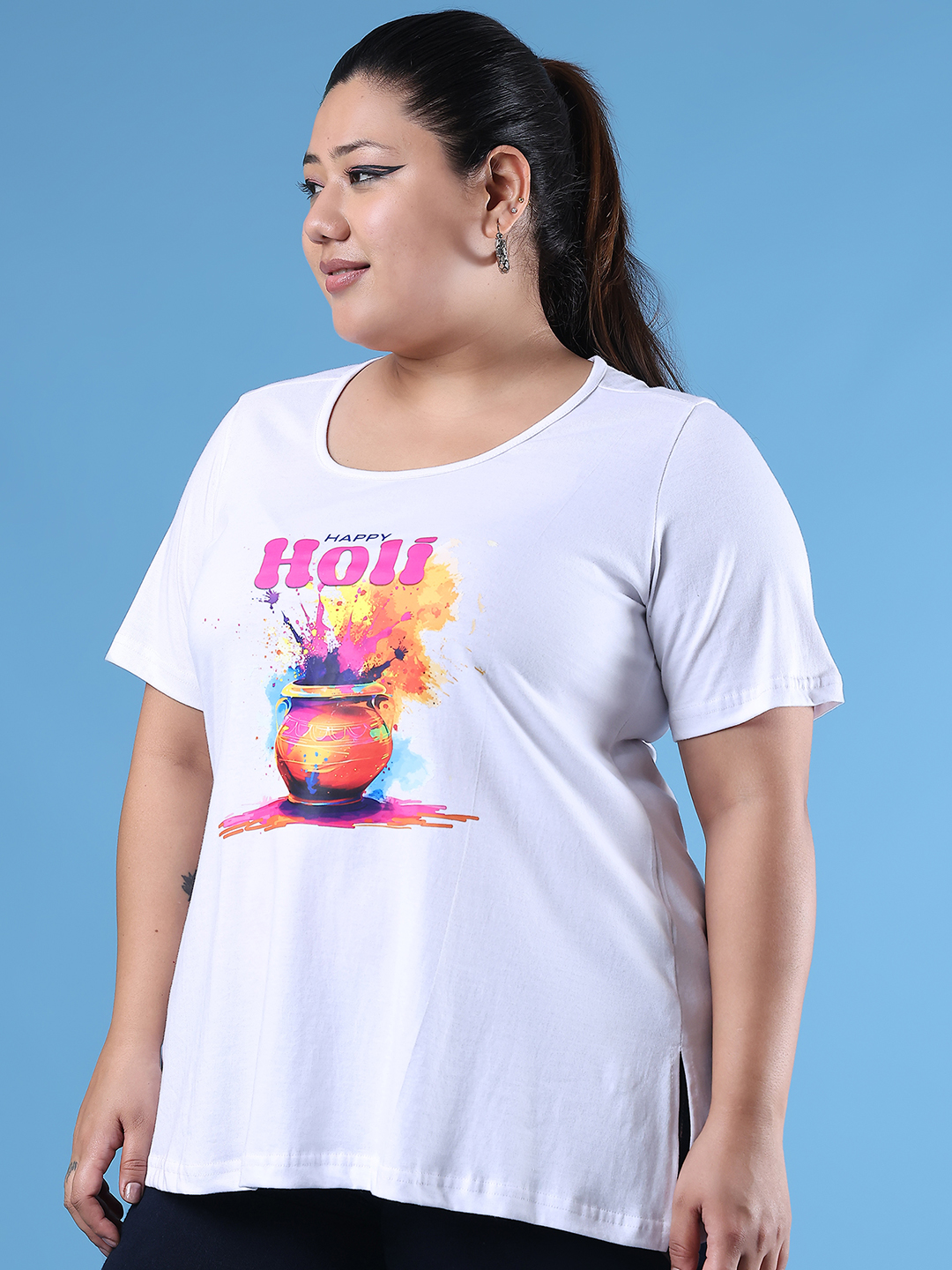 Women's Plus Size White Solid Color Printed Cotton T-shirt