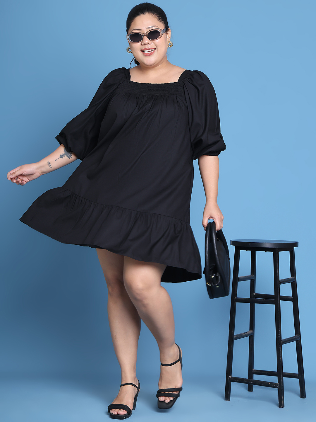 Women's Plus Size Black solid color woven A-Line Dress