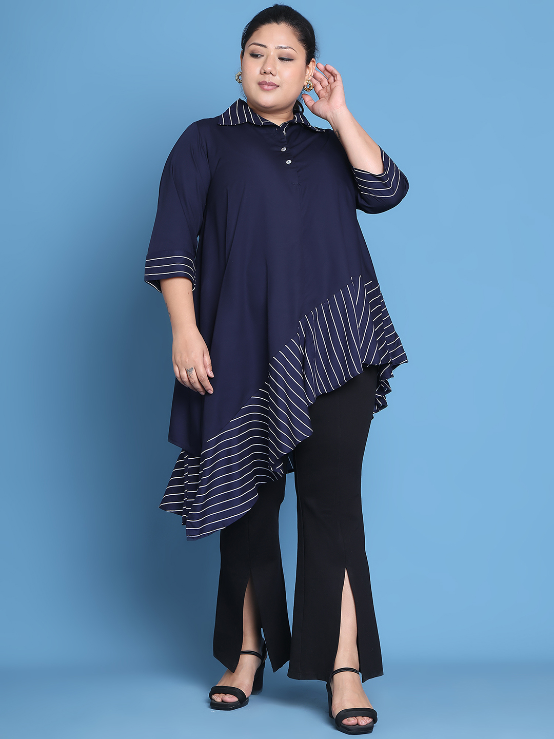 Women's Plus Size Navy Solid Color and Navy Stripe printed detail woven longline top