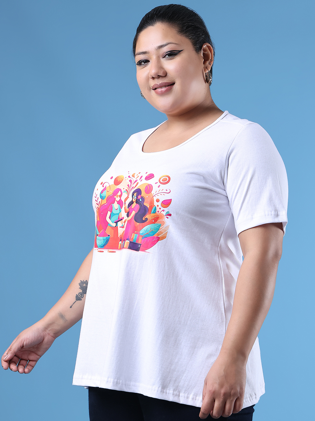 Women's Plus Size White Solid Color Printed Cotton T-shirt