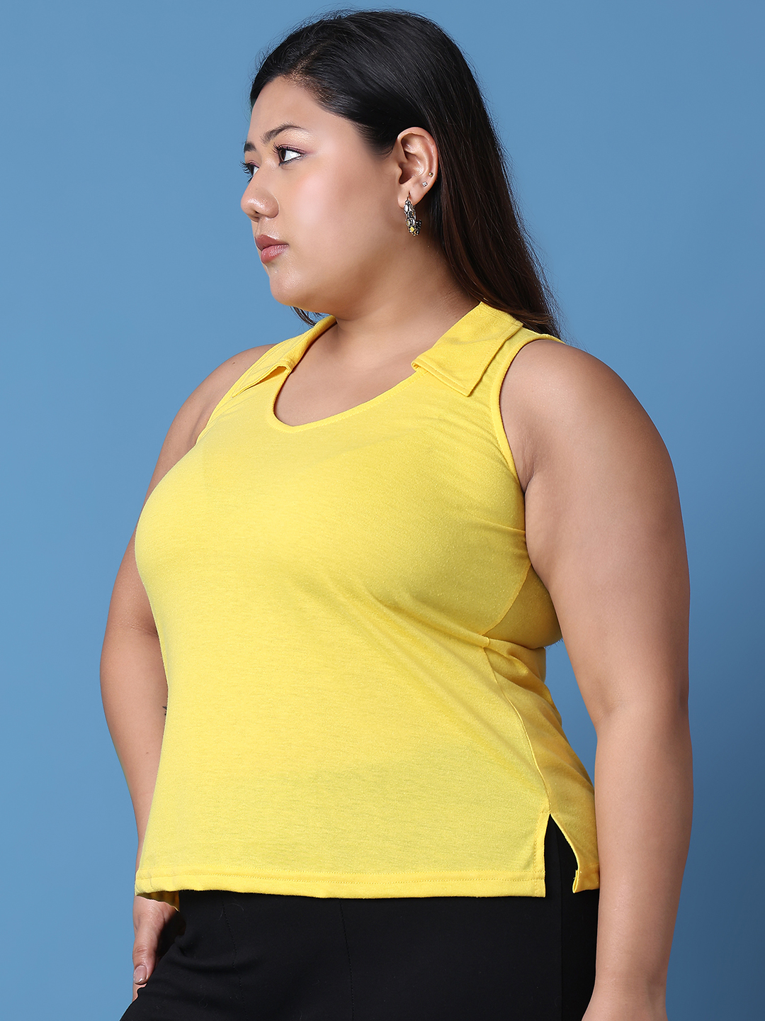 Women's Plus Size Yellow solid color cotton knitted Top