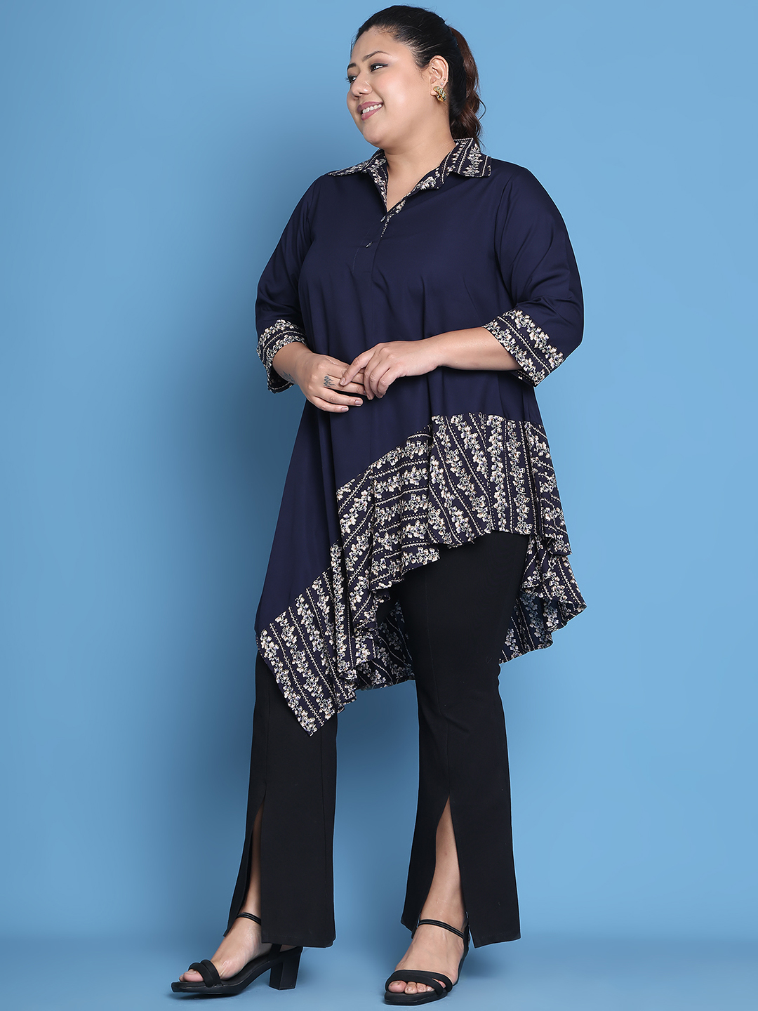 Women's Plus Size Navy Solid Color and Navy Gold Foil printed detail woven longline top