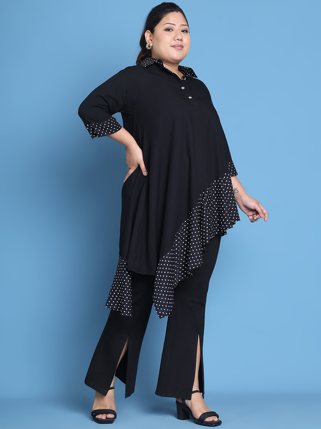 Women's Plus Size Black Solid Color and Black Polka Dot printed detail woven longline top