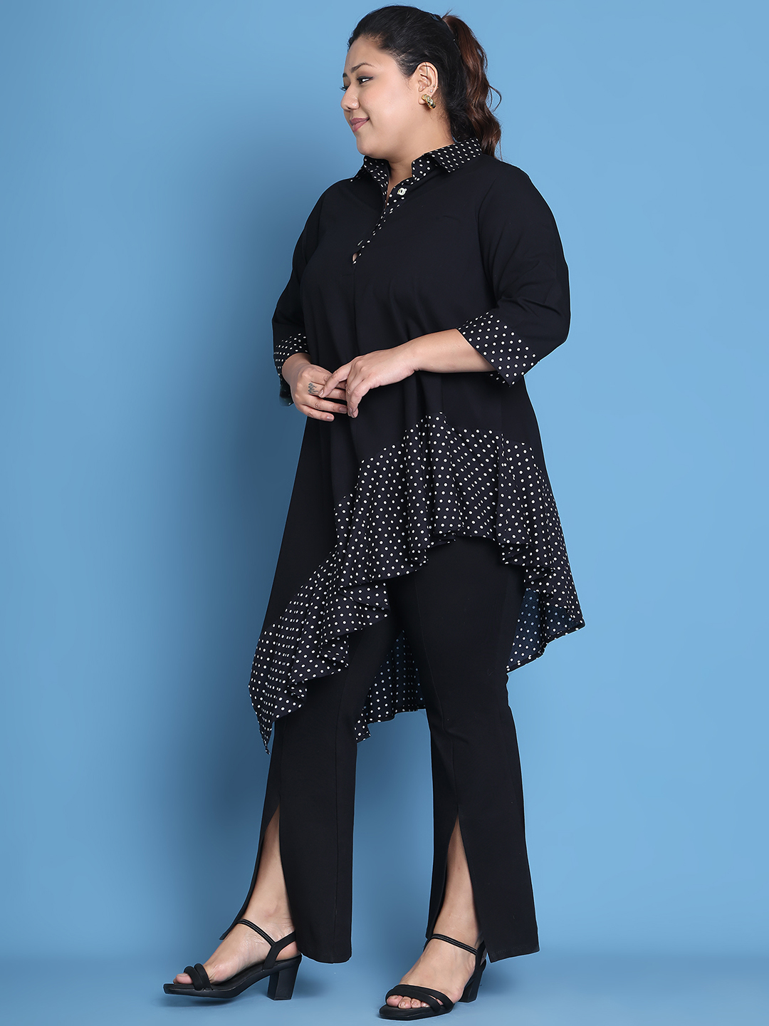 Women's Plus Size Black Solid Color and Black Polka Dot printed detail woven longline top