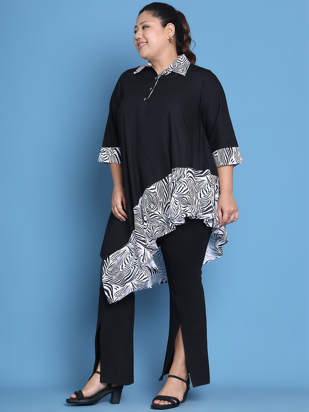 Women's Plus Size Black Solid Color and Black Zebra Floral printed detail woven longline top