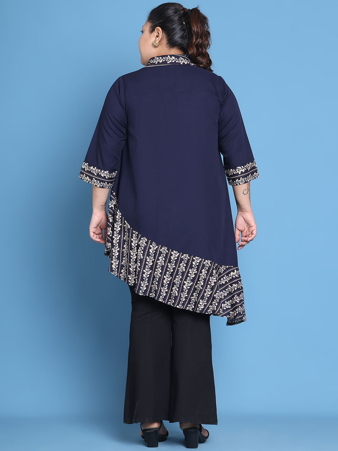 Women's Plus Size Navy Solid Color and Navy Gold Foil printed detail woven longline top