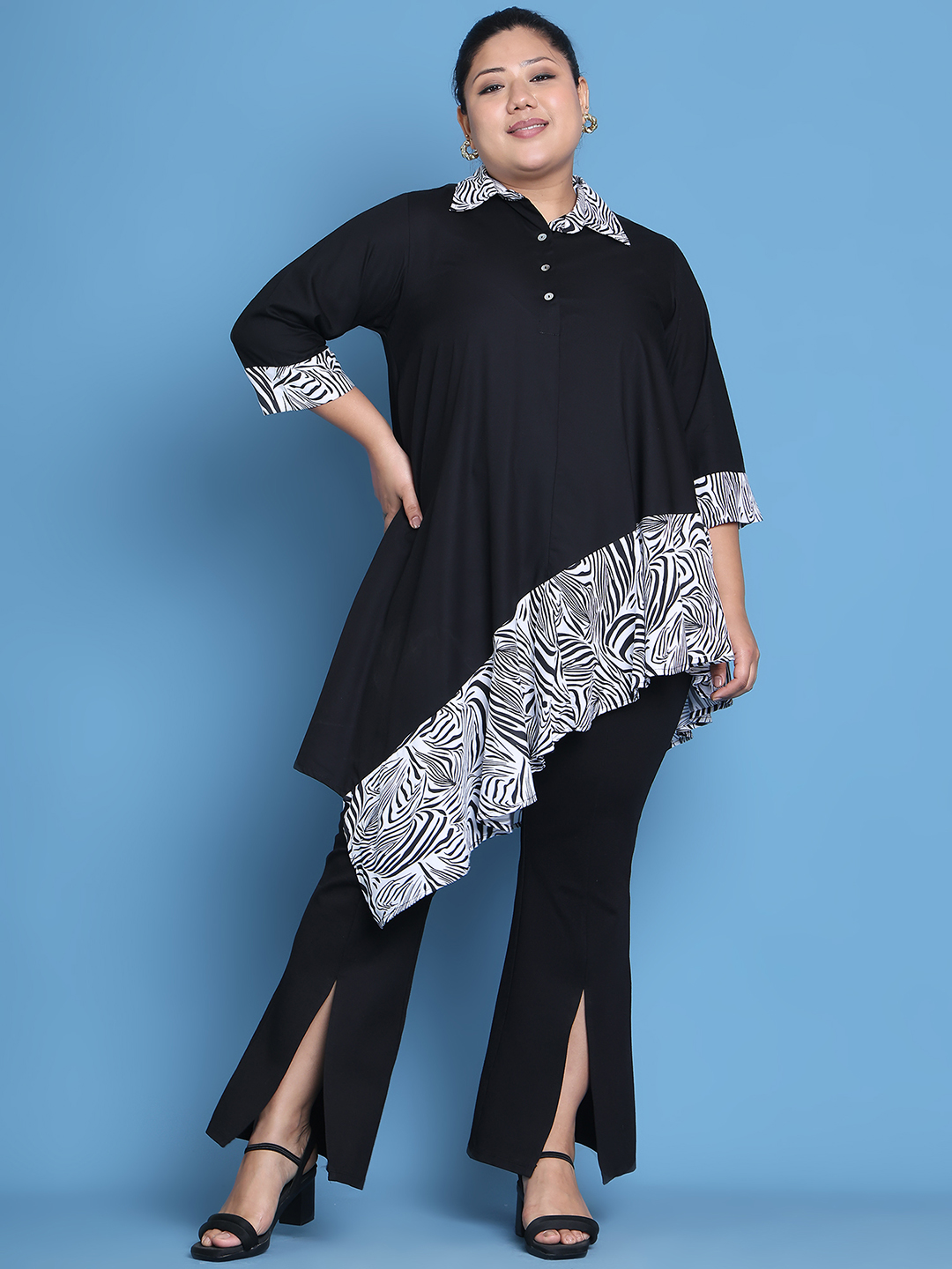 Women's Plus Size Black Solid Color and Black Zebra Floral printed detail woven longline top