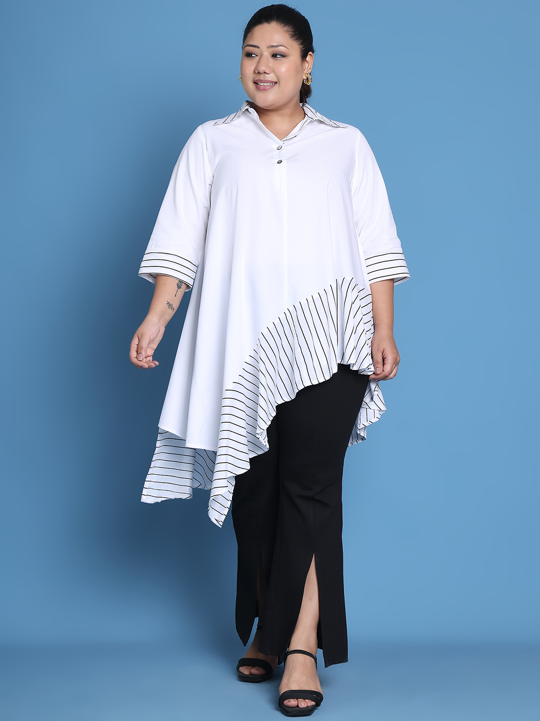 Women's Plus Size White Solid Color and White Stripe printed detail woven longline top