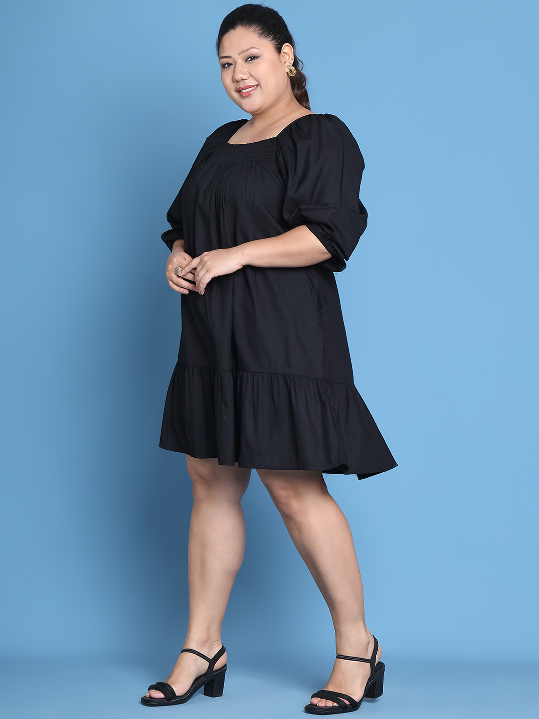 Women's Plus Size Black solid color woven A-Line Dress