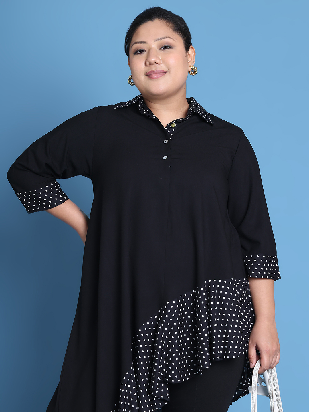 Women's Plus Size Black Solid Color and Black Polka Dot printed detail woven longline top