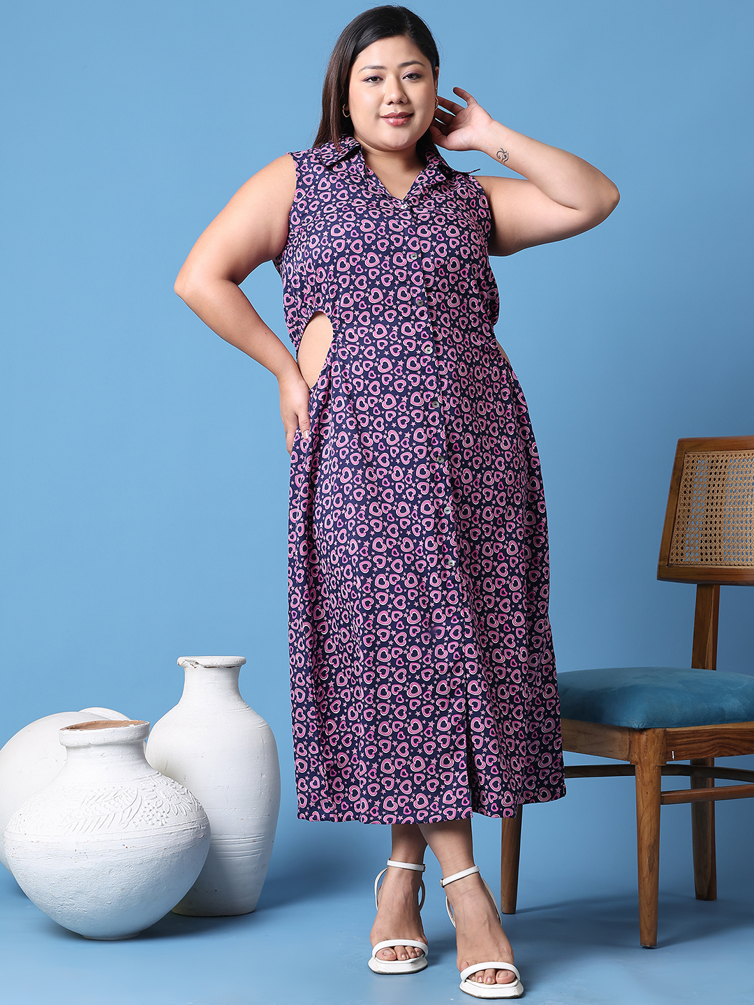 Women's Plus Size Navy color heart Printed shirt collar A-Line dress
