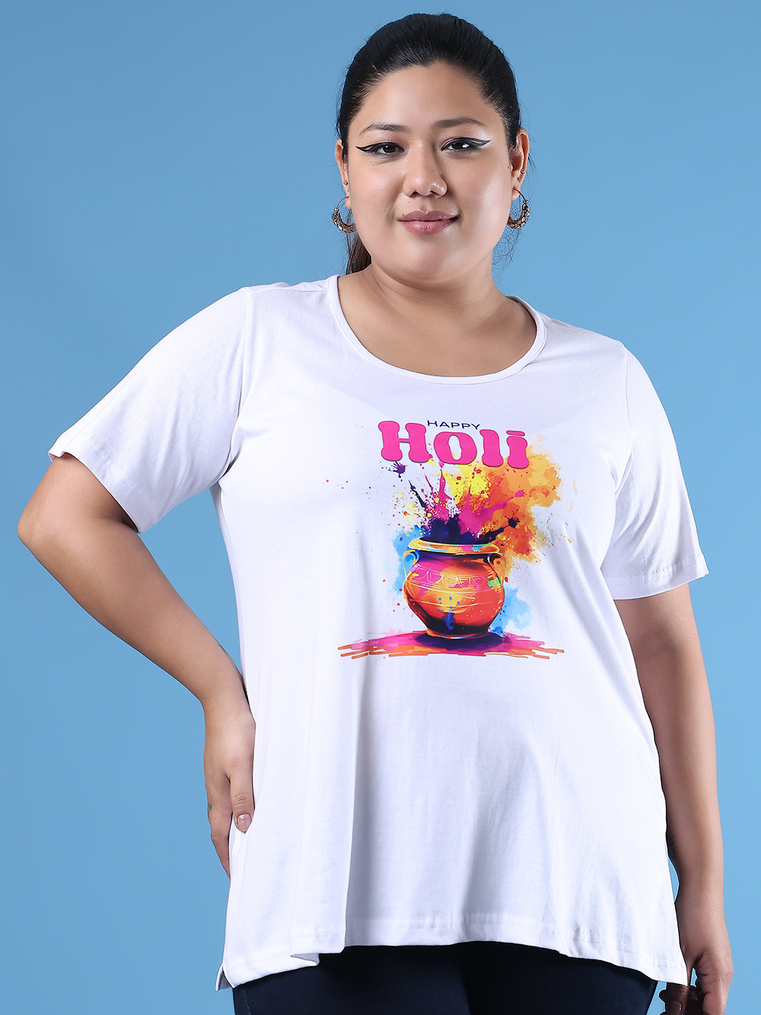 Women's Plus Size White Solid Color Printed Cotton T-shirt
