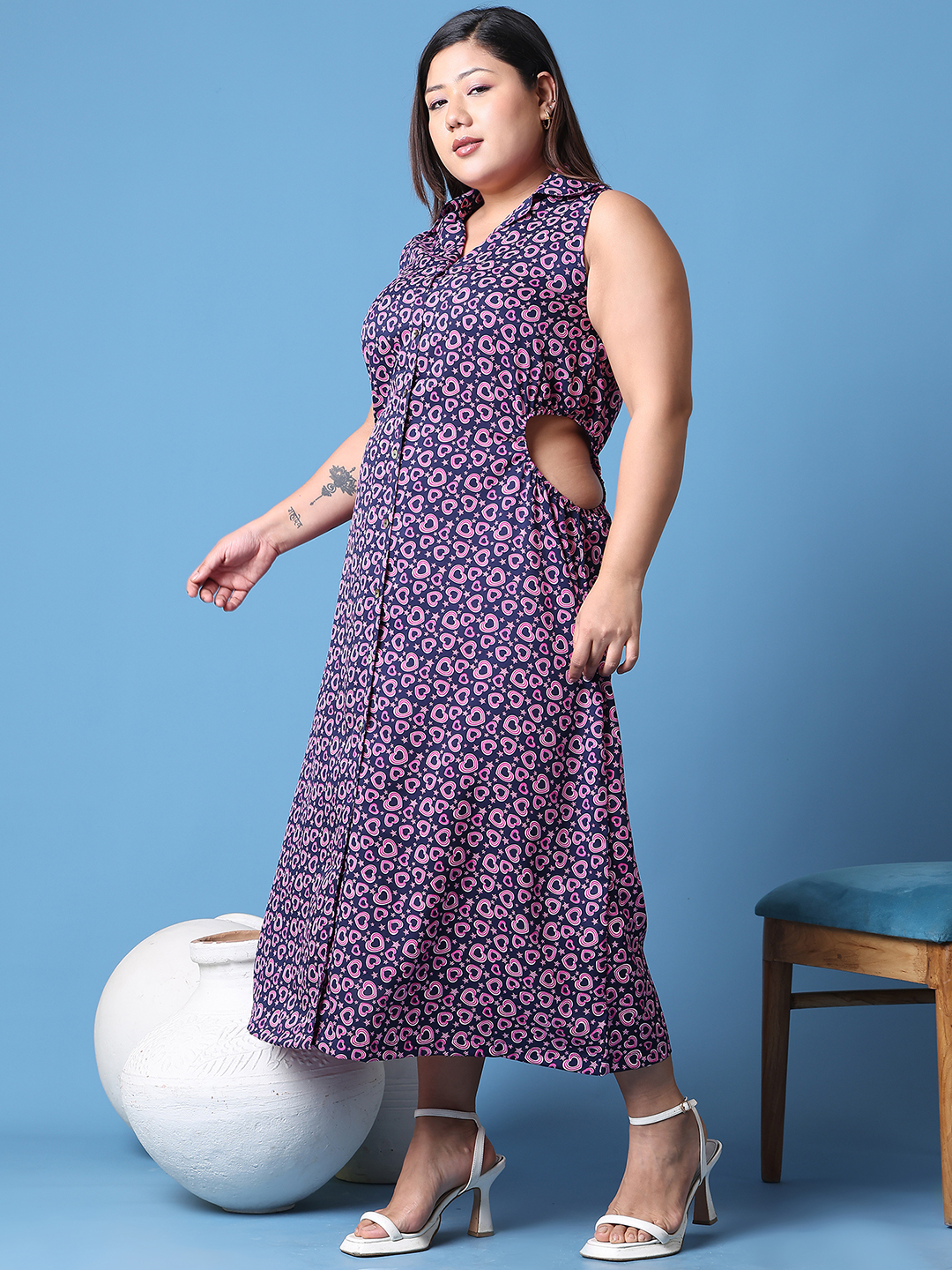 Women's Plus Size Navy color heart Printed shirt collar A-Line dress