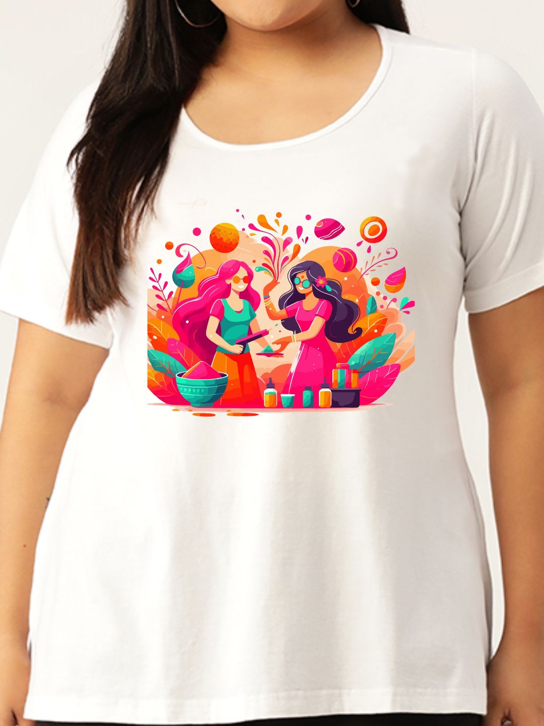 Women's Plus Size White Solid Color Printed Cotton T-shirt