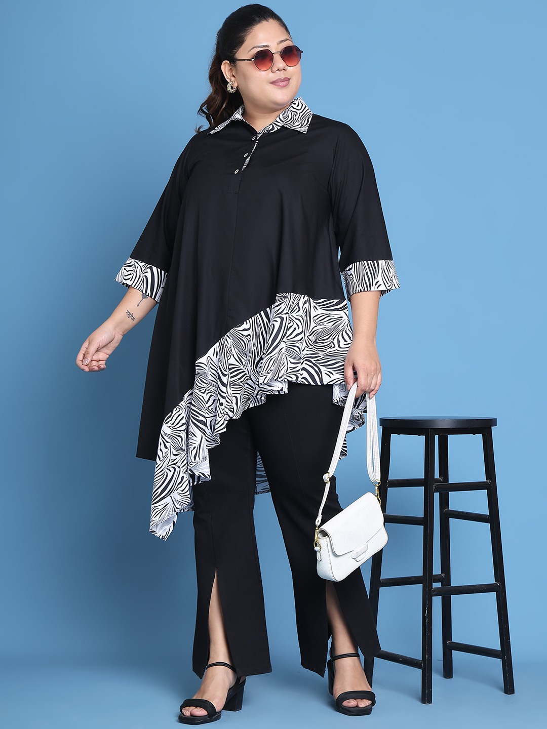 Women's Plus Size Black Solid Color and Black Zebra Floral printed detail woven longline top