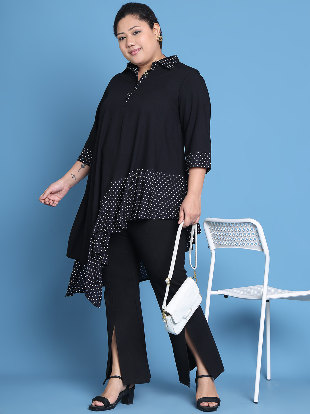 Women's Plus Size Black Solid Color and Black Polka Dot printed detail woven longline top