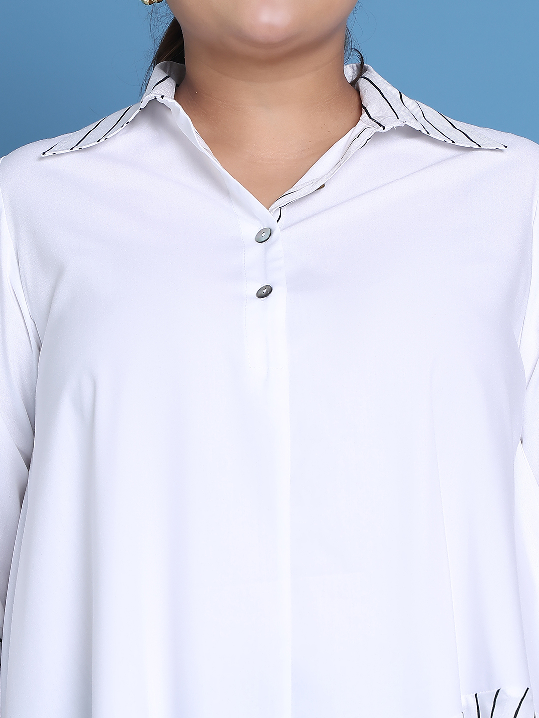 Women's Plus Size White Solid Color and White Stripe printed detail woven longline top
