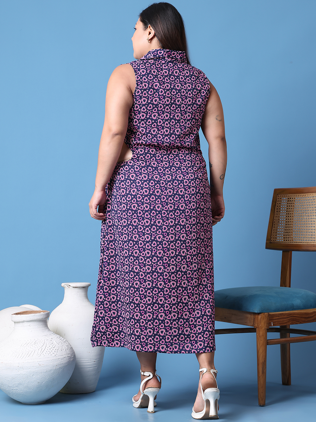 Women's Plus Size Navy color heart Printed shirt collar A-Line dress