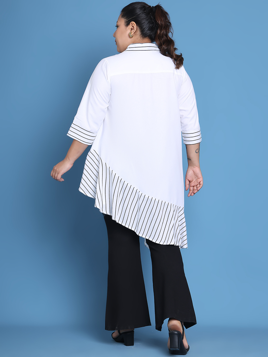 Women's Plus Size White Solid Color and White Stripe printed detail woven longline top