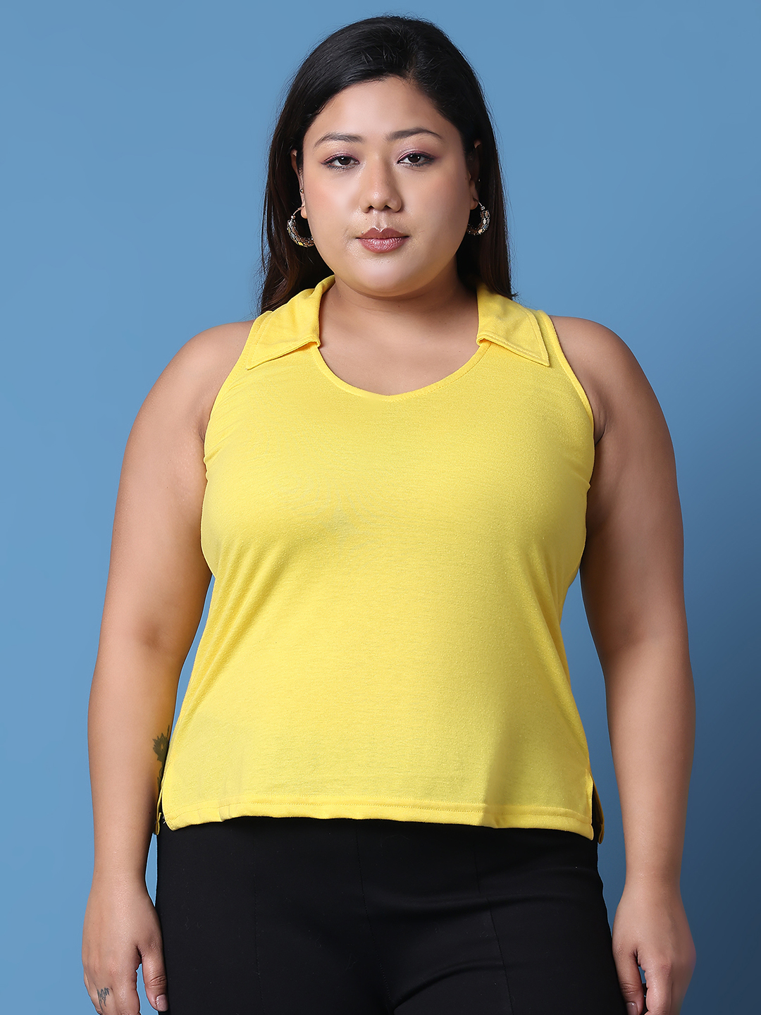 Women's Plus Size Yellow solid color cotton knitted Top