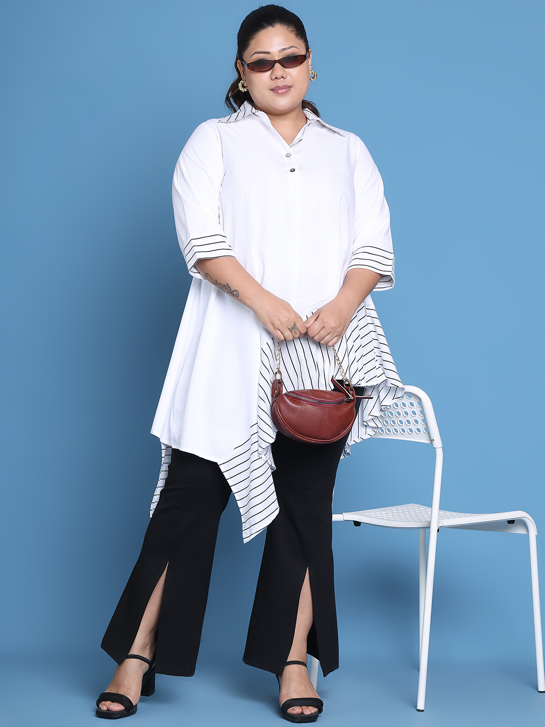 Women's Plus Size White Solid Color and White Stripe printed detail woven longline top