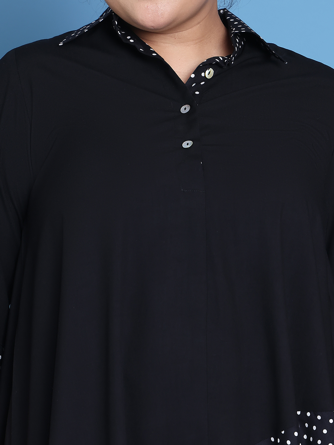 Women's Plus Size Black Solid Color and Black Polka Dot printed detail woven longline top