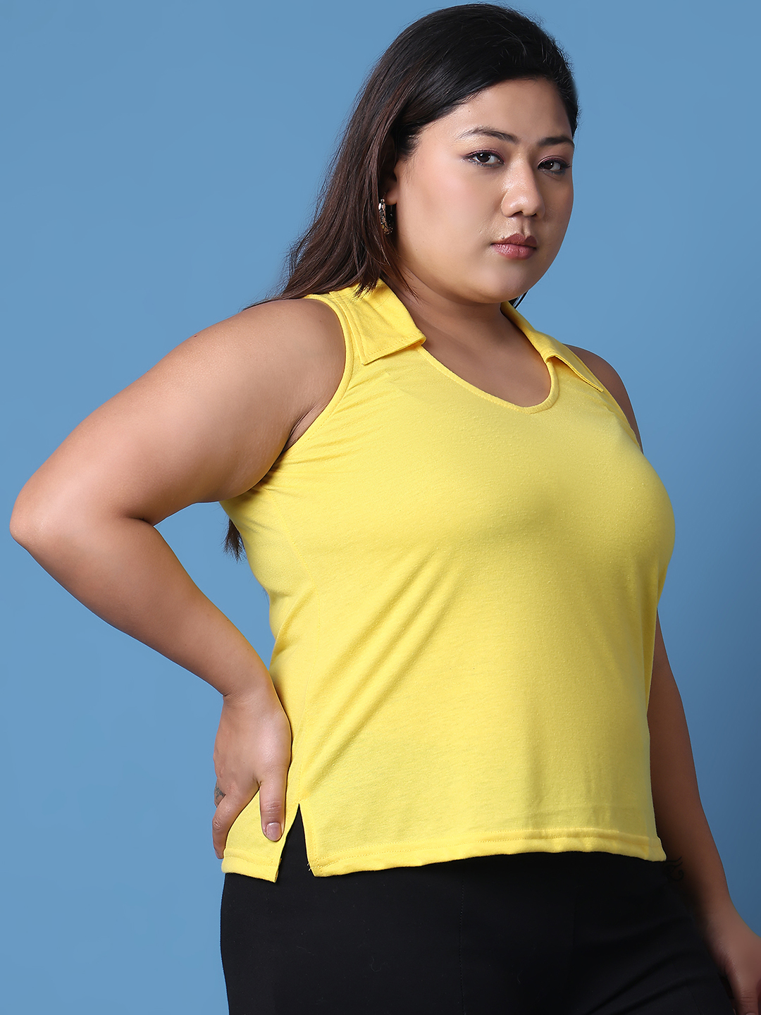 Women's Plus Size Yellow solid color cotton knitted Top