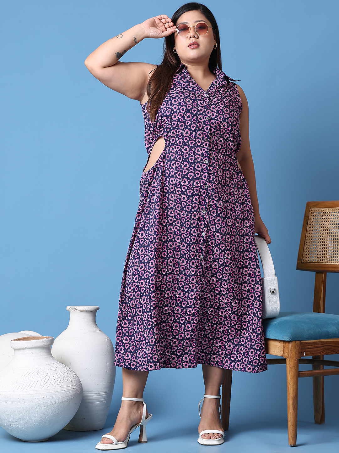 Women's Plus Size Navy color heart Printed shirt collar A-Line dress
