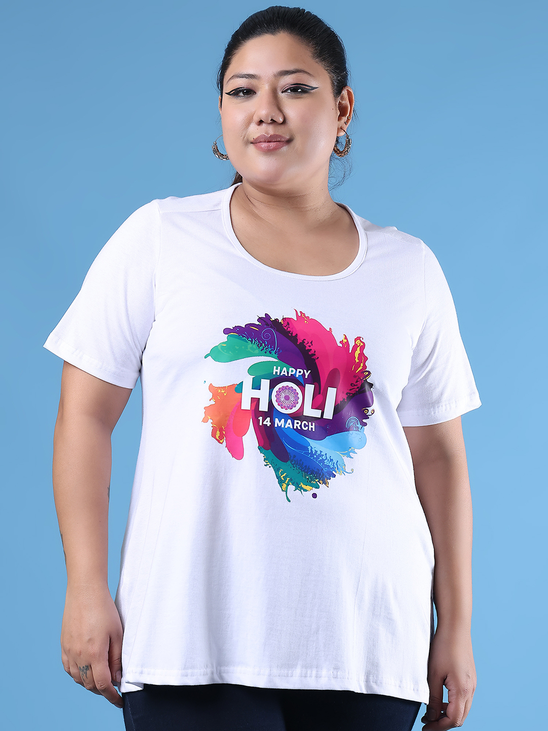 Women's Plus Size White Solid Color Printed Cotton T-shirt