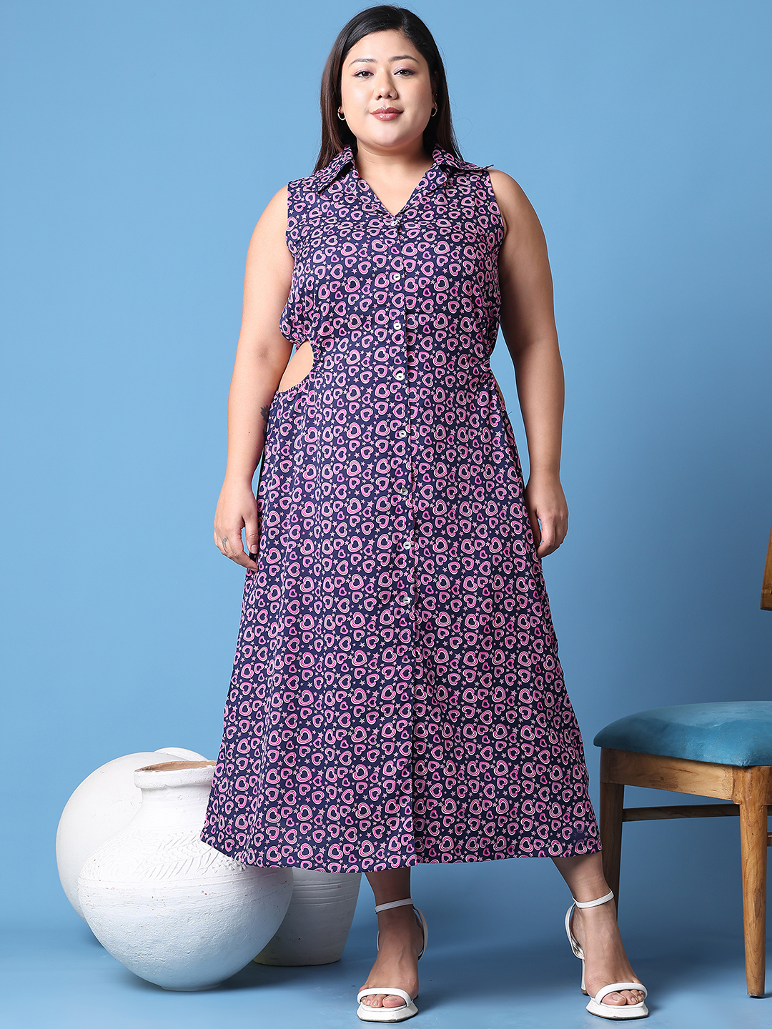 Women's Plus Size Navy color heart Printed shirt collar A-Line dress