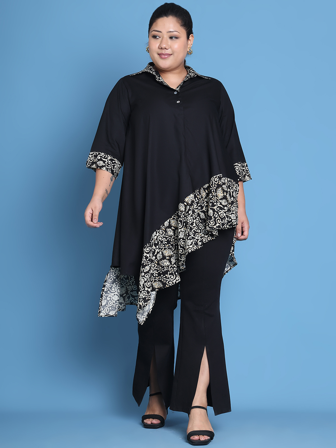 Women's Plus Size Black Solid Color and Black Batik Floral printed detail woven longline top