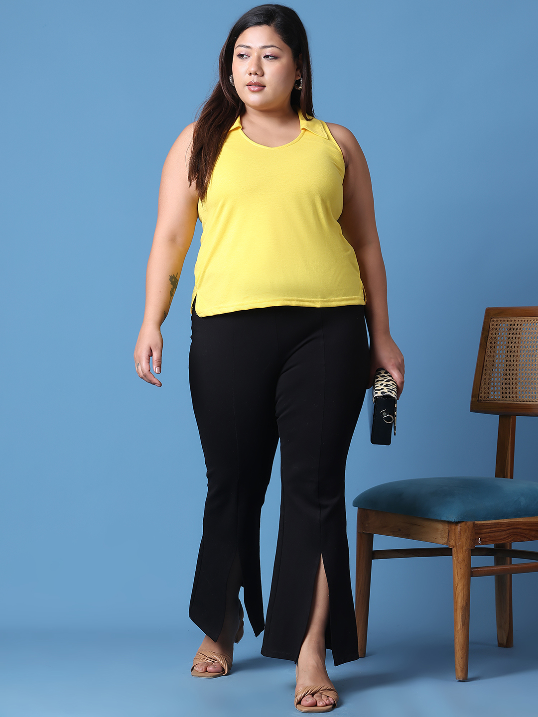 Women's Plus Size Yellow solid color cotton knitted Top