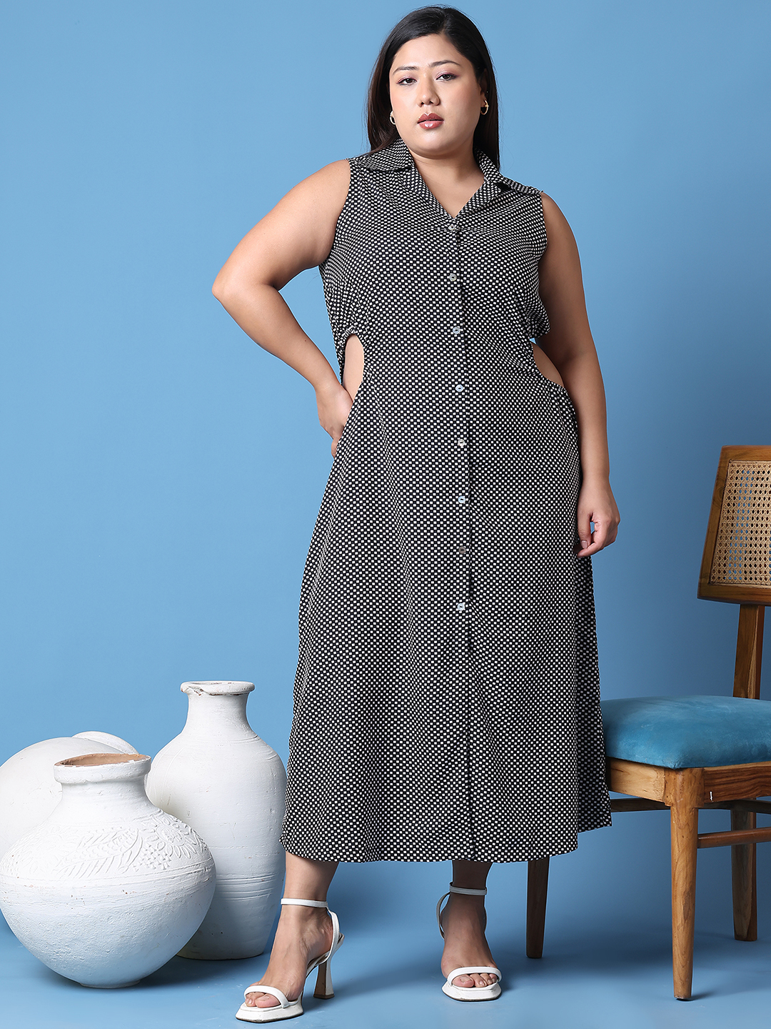 Women's Plus Size Black geometric Printed shirt collar A-Line dress