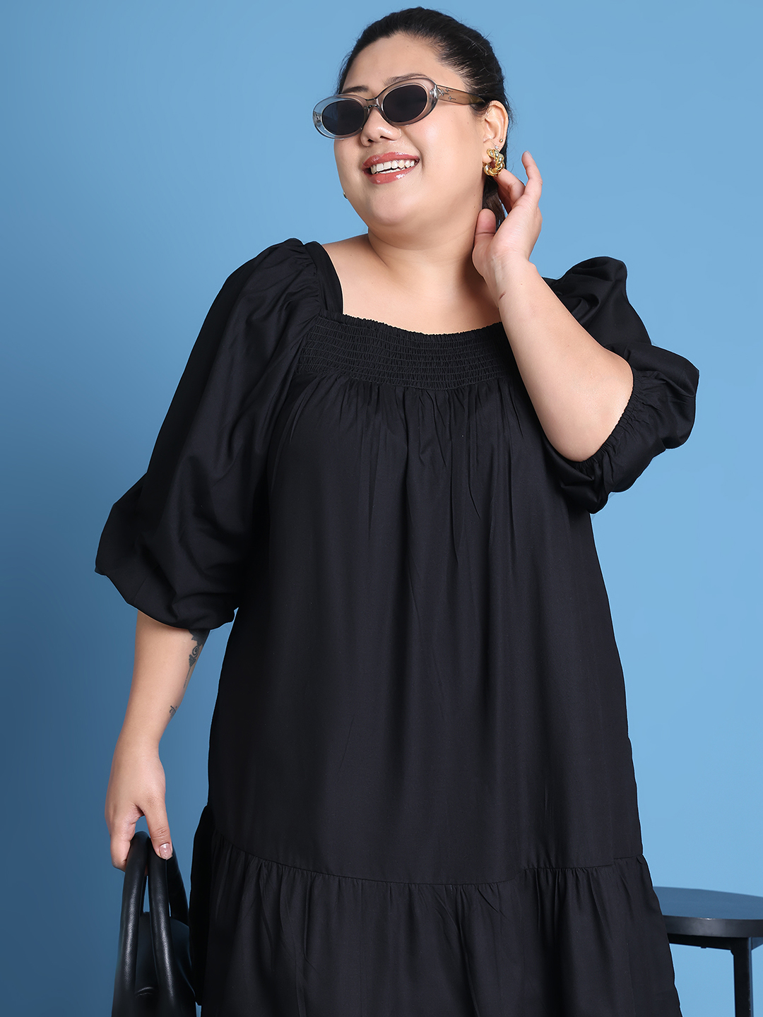Women's Plus Size Black solid color woven A-Line Dress