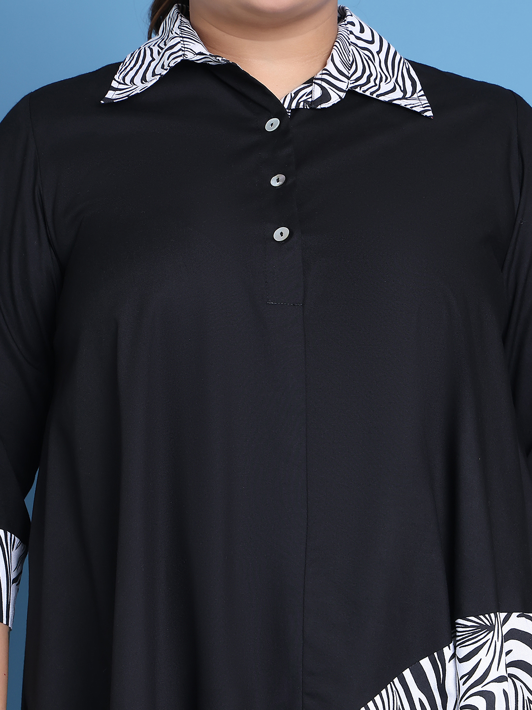 Women's Plus Size Black Solid Color and Black Zebra Floral printed detail woven longline top