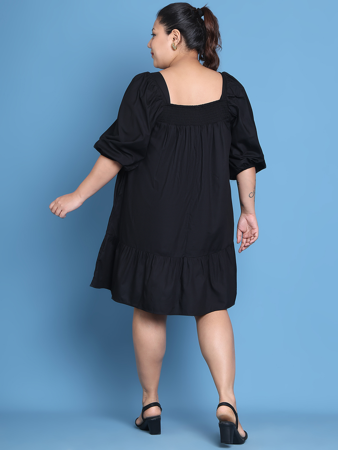 Women's Plus Size Black solid color woven A-Line Dress