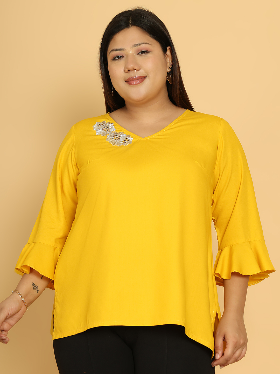 Blossom Touch Embroidered Cotton Rayon V-Neck Top – Perfect for Spring & Summer