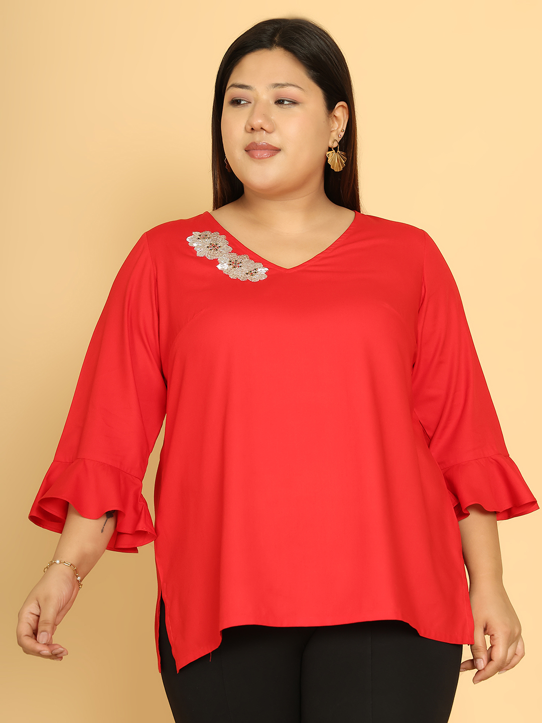 Blossom Touch Embroidered Cotton Rayon V-Neck Top – Perfect for Spring & Summer
