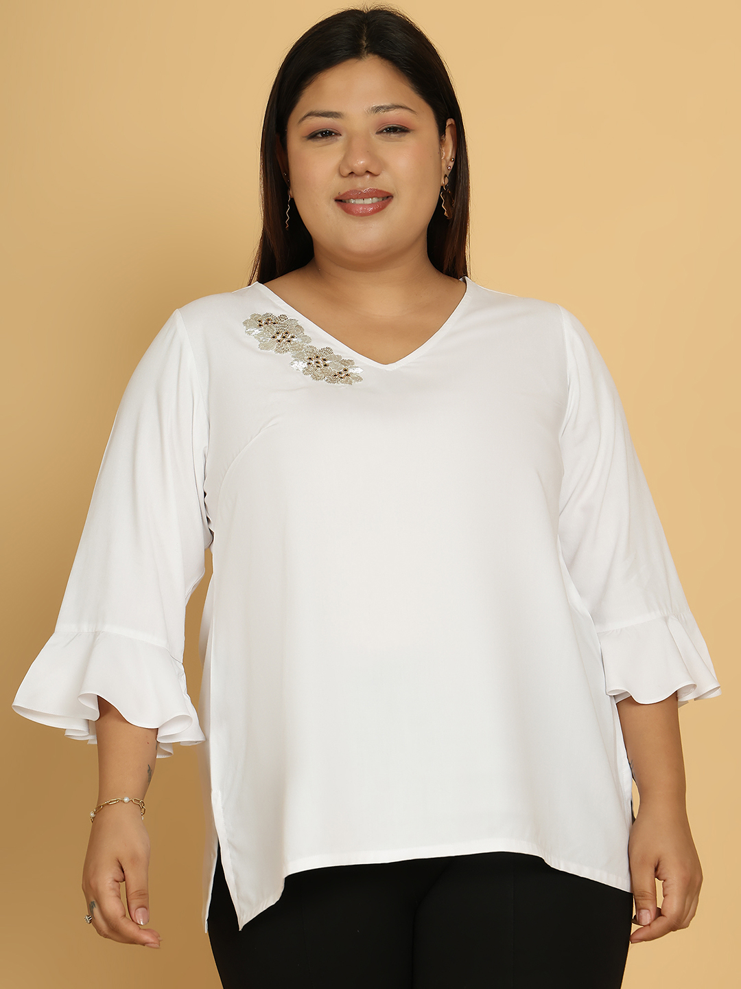 Blossom Touch Embroidered Cotton Rayon V-Neck Top – Perfect for Spring & Summer