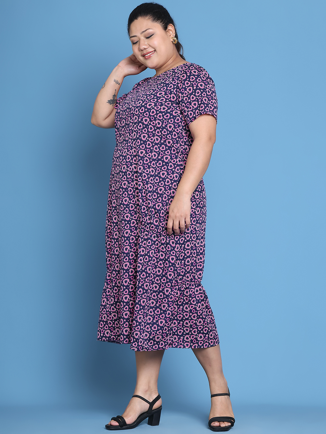 Women's Plus Size Navy Heart Printed A-Line Crepe Dress