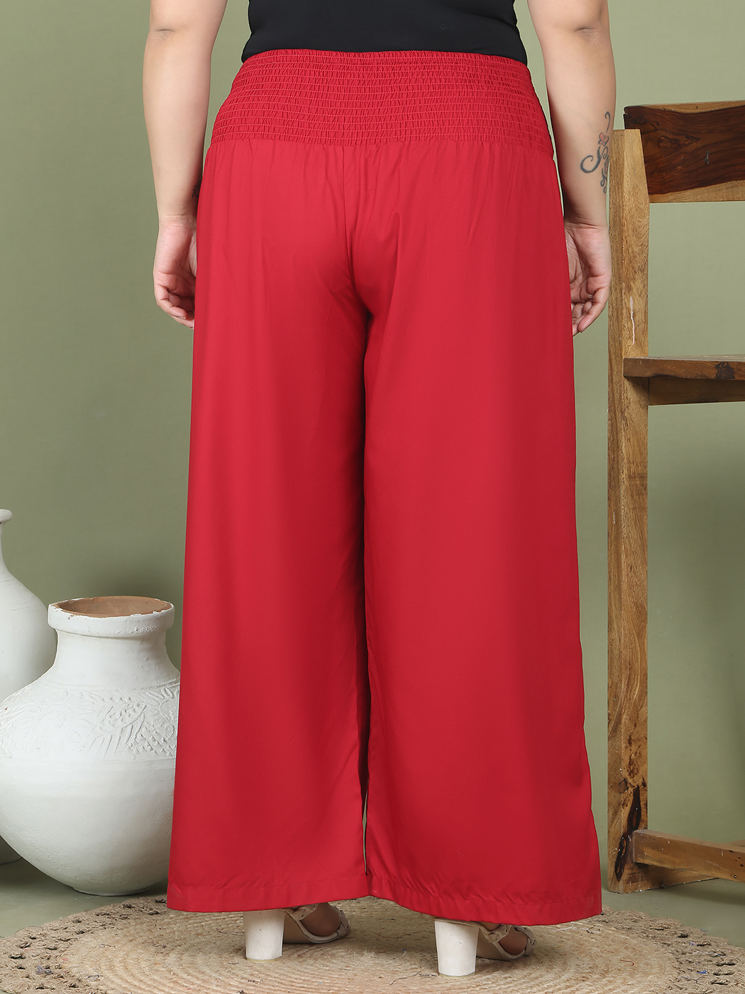 Women's Plus Size Maroon Solid Color Woven Wide Leg Flared Trouser