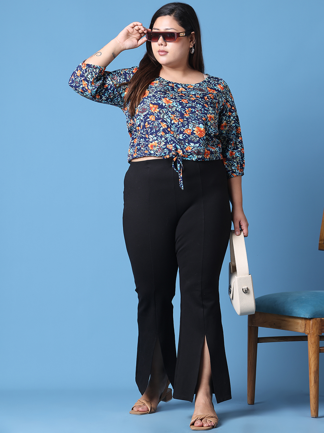 Women's Plus Size Navy Floral Printed Crepe Top